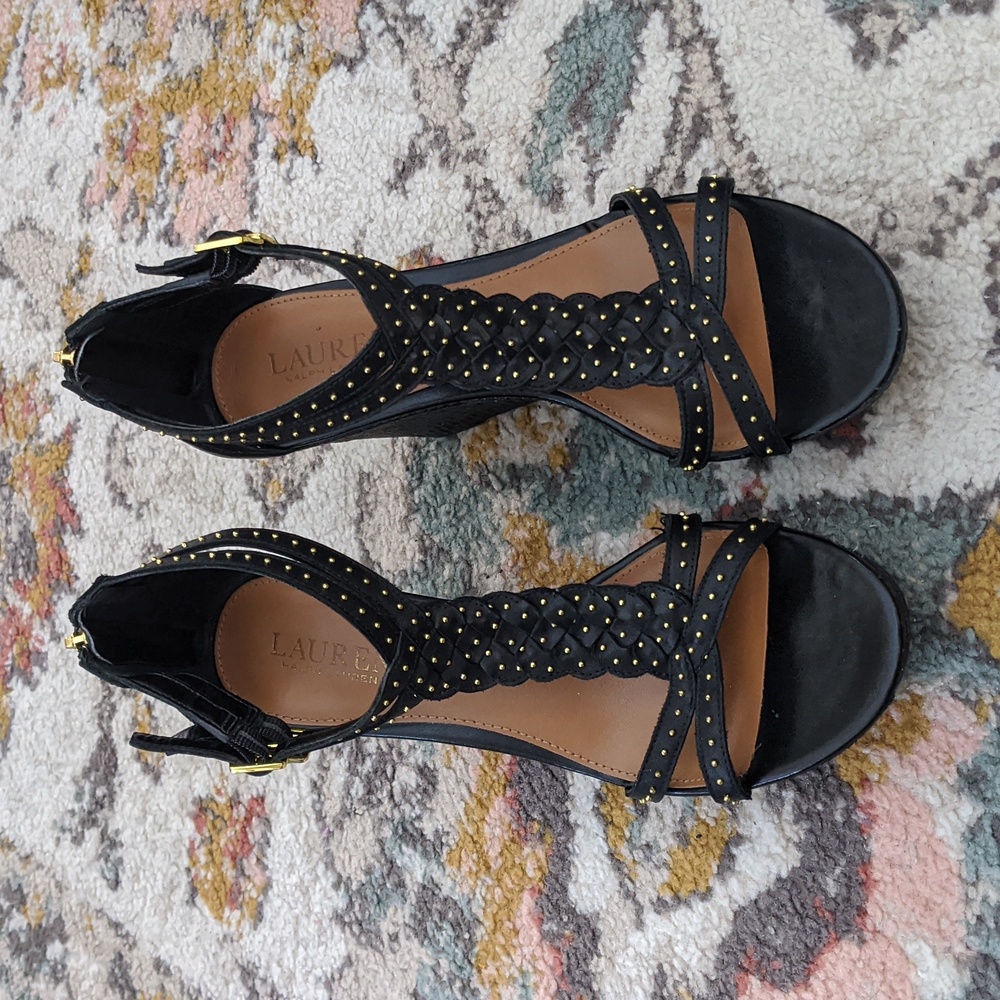 Lauren Ralph Lauren black wedges with gold embellishment